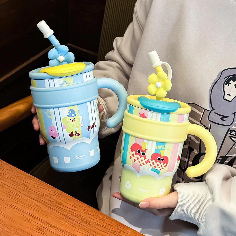 Chai giữ nhiệt màu kẹo Thép không gỉ Ống hút Cốc hoa họa tiết Nơ Chai nước