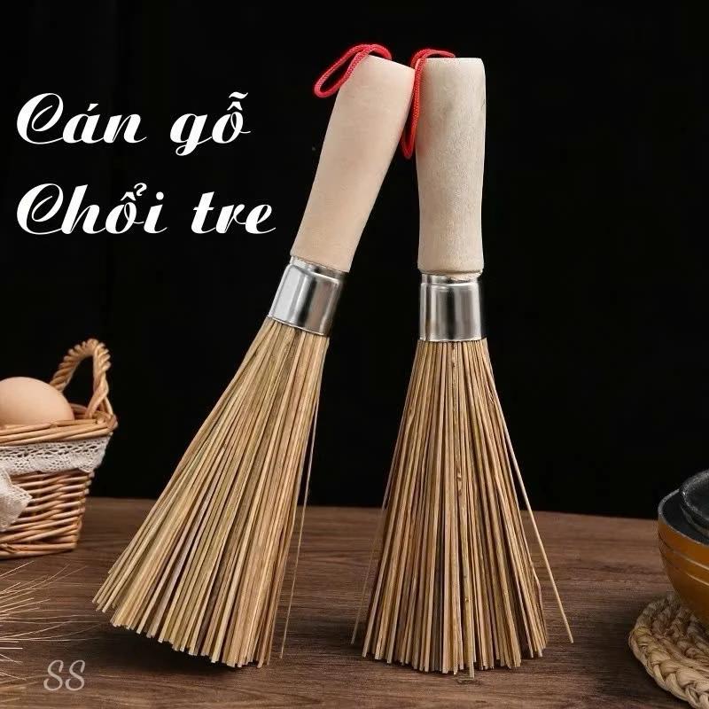 Chổi chà cọ nồi - cọ chảo cán gỗ chổi tre cọ 25*6*6cm