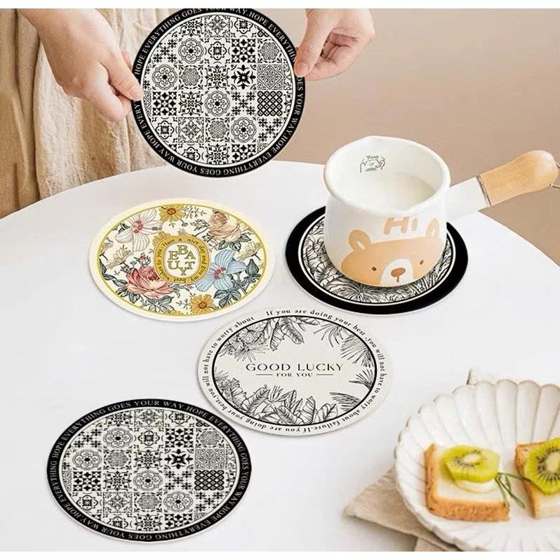 Combo 2 Miếng Lót Ly Napa, Lót Nồi Cách Nhiệt Họa Tiết Hoa Văn Cổ Điển Chất Liệu Cao Cấp Chống Trượt Thấm Nước Nhanh