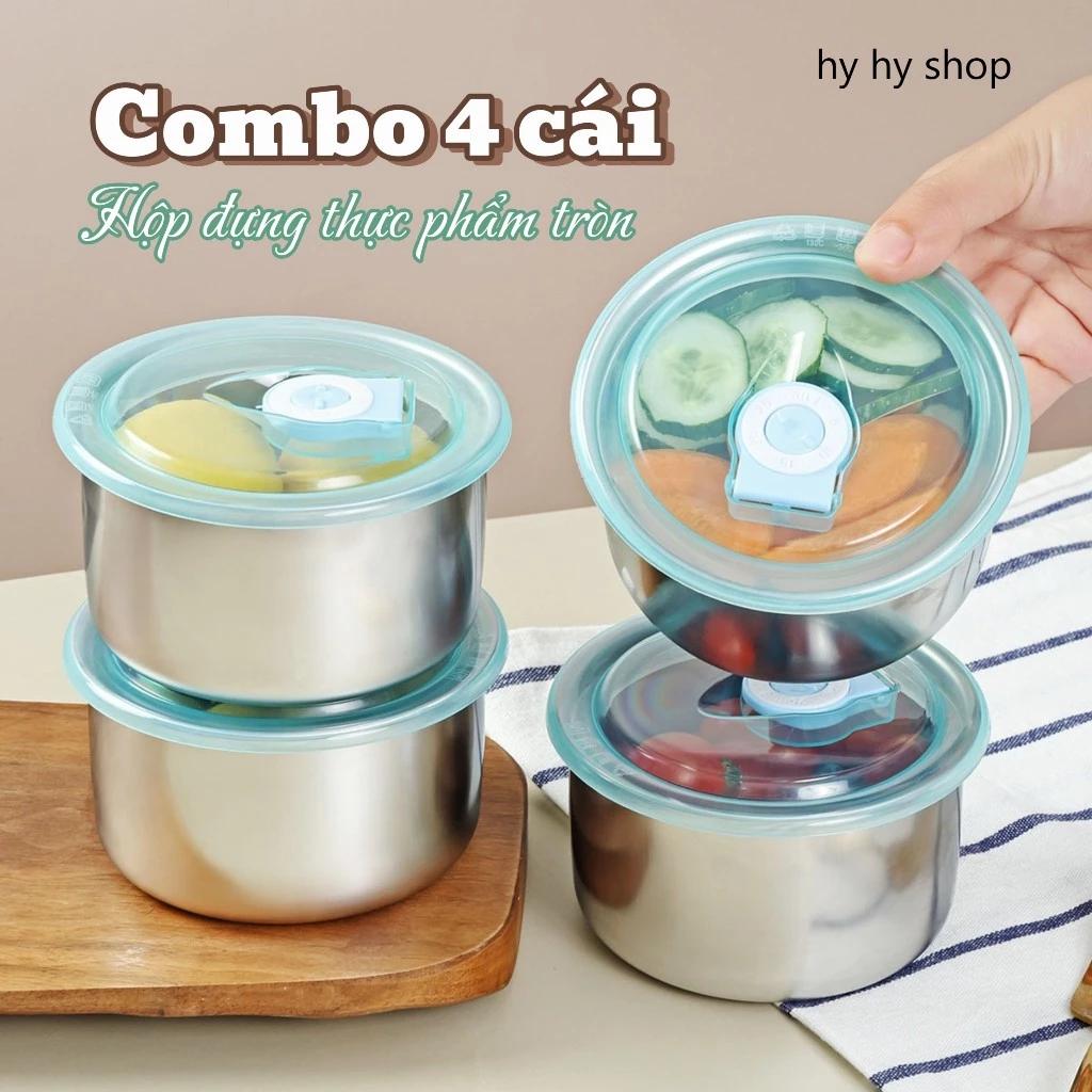 Combo 4 Bát / tô dáng tròn đựng bảo quản thực phẩm Inox 304 có nắp đậy tiện dụng 10x6.5cm