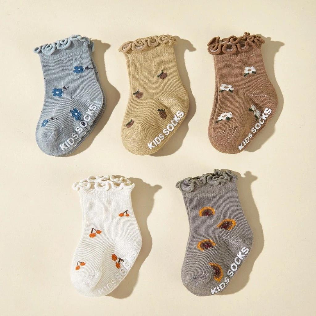 Combo set 5 tất chống trượt cổ nhún bèo xinh xắn cho bé gái họa tiết sz 0 đến 3 tuổi