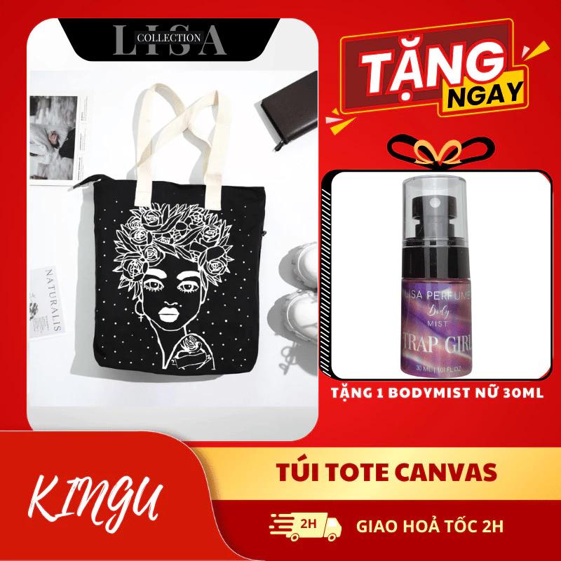 Combo Túi vải TOTE CANVAS Tặng BDM 30,100ML có khóa kéo thời trang nam nữ có hình