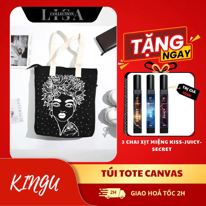 Combo Túi vải TOTE CANVAS Tặng Xịt Miệng + Nước Hoa 10ml có khóa kéo thời trang nam nữ có hình