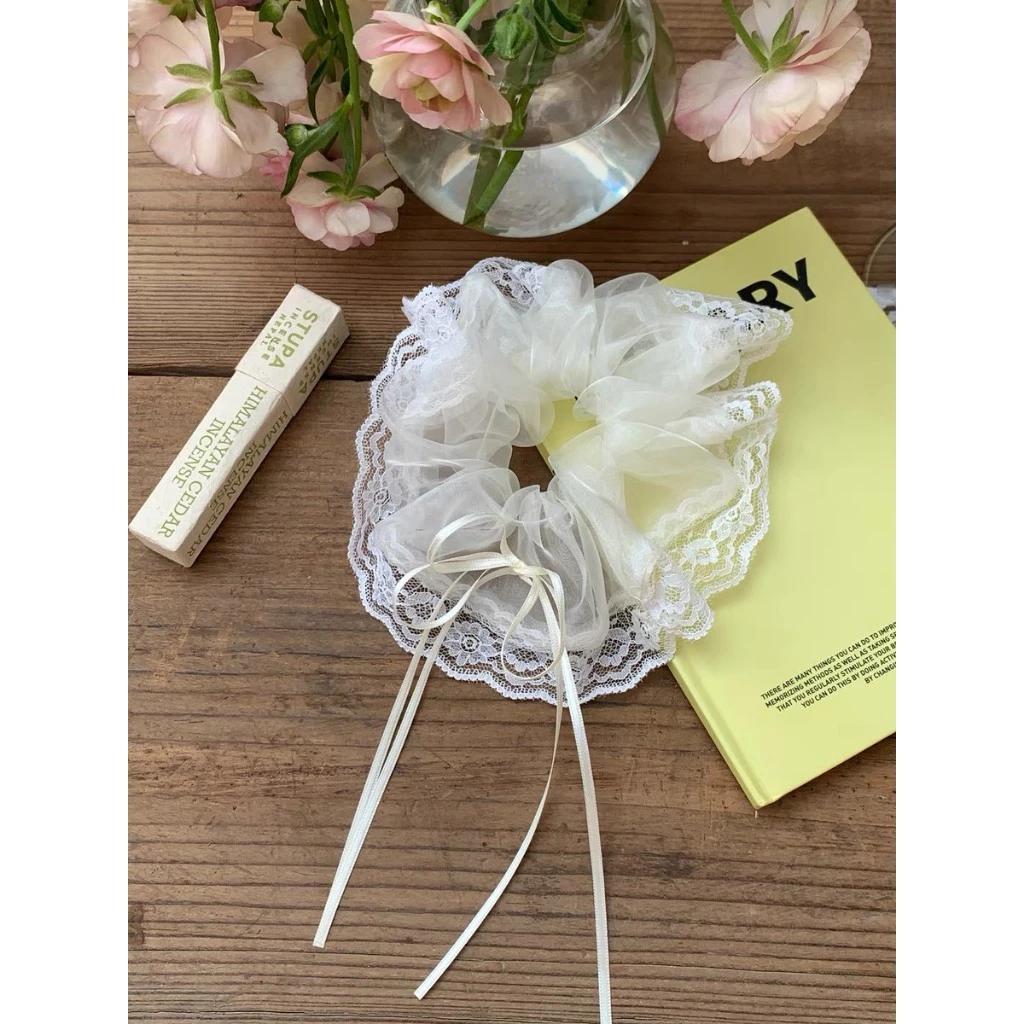 Cột Tóc Nữ ,Scrunchie Viền Lưới Ren Đính Ruy Băng Nơ