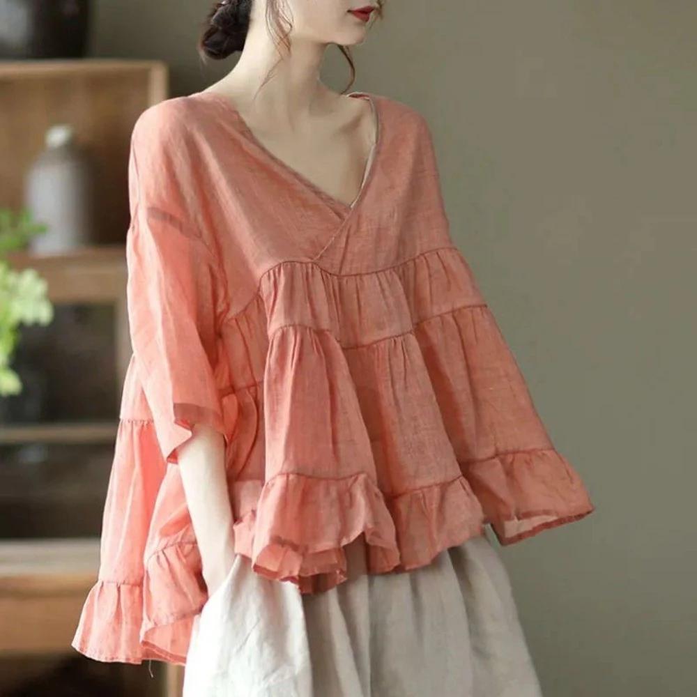 Cotton Nguyên Chất Mùa Hè Retro Ngọt Ngào Khâu Xù Cao Cấp Áo Sơ Mi Cho Bé Đơn Giản Phù Hợp Với Cổ Chữ V Rời Giả Áo Sơ Mi Vải Lanh Cotton Nữ
