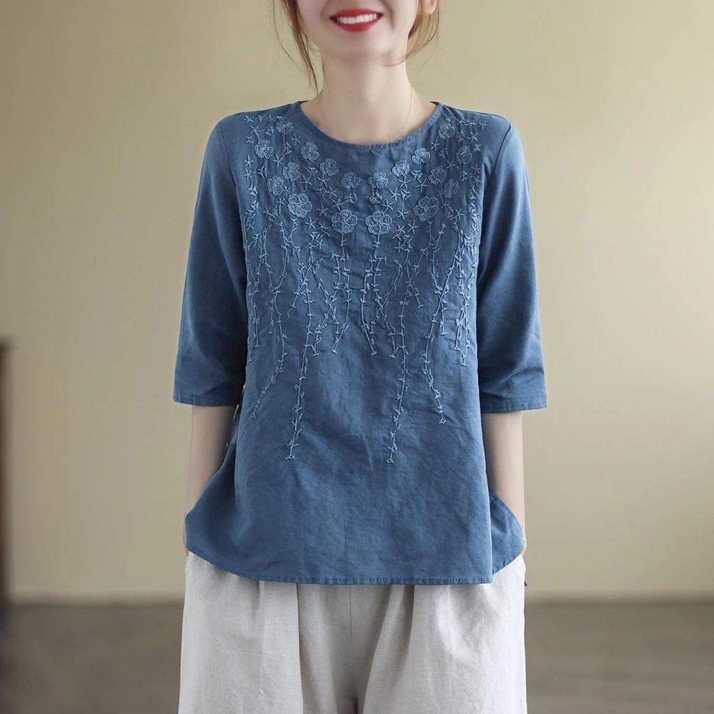 Cotton Nguyên Chất Nghệ Thuật Retro Vải Lanh Cotton Màu Trơn Tay Ba Phần Tư Đơn Giản Phù Hợp Với Áo Thun Nữ Nặng Thủ Công Thêu