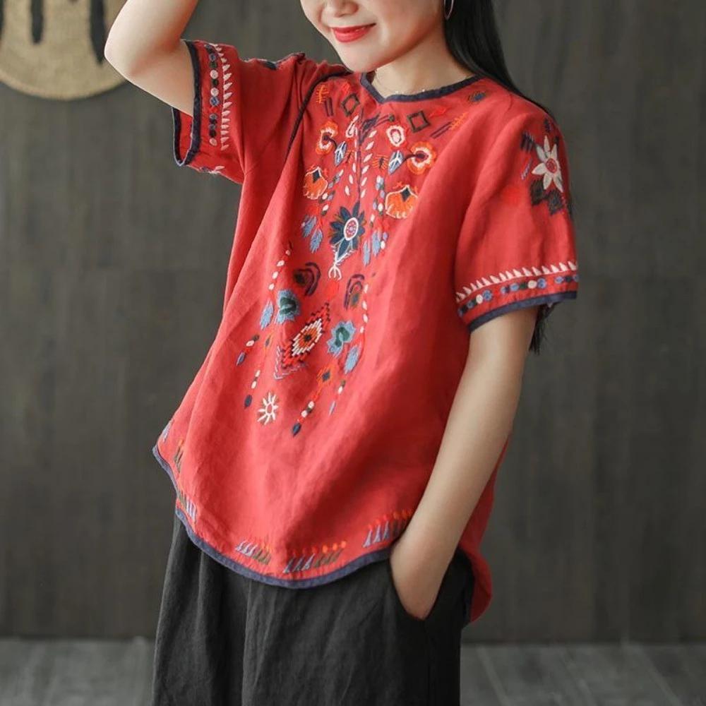 Cotton Vải Lanh Thêu Áo Thun Mùa Hè Phong Cách Mới Retro Văn Học Rời Tất Cả Trận Đấu Đơn Giản Áo Chui Đầu Trắng Top Nữ