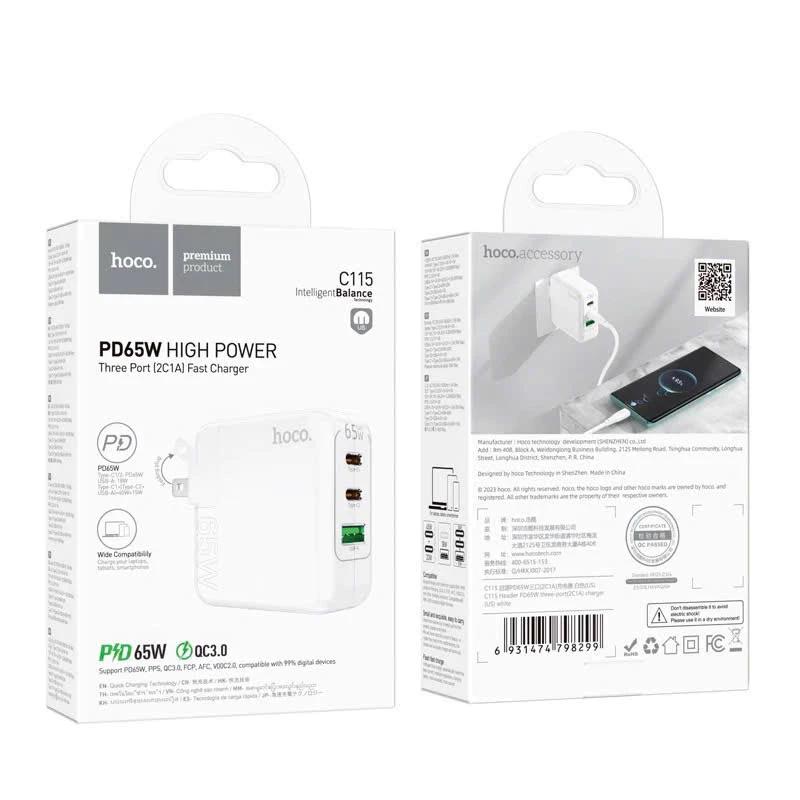 củ sạc nhanh 65w có 2 cổng TypeC 1 cổng Usb hoco C115