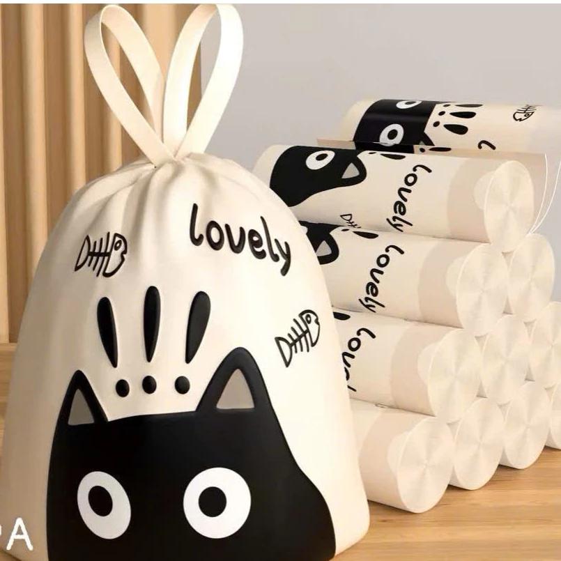 Cuộn 100 Túi đựng rác tự phân hủy có dây rút Meow size 45x45cm - Cuộn 100 túi rác dây rút