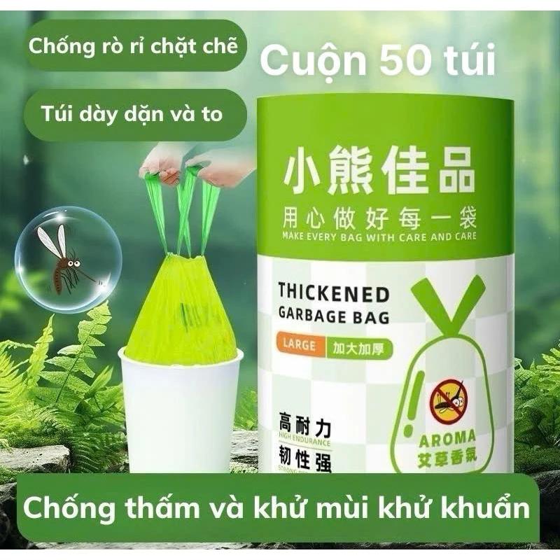 Cuộn 50 túi đựng rác hương ngải cứu xua đuổi ruồi muỗi, côn trùng, siêu dai, có dây rút tiện lợi - màu xanh lá
