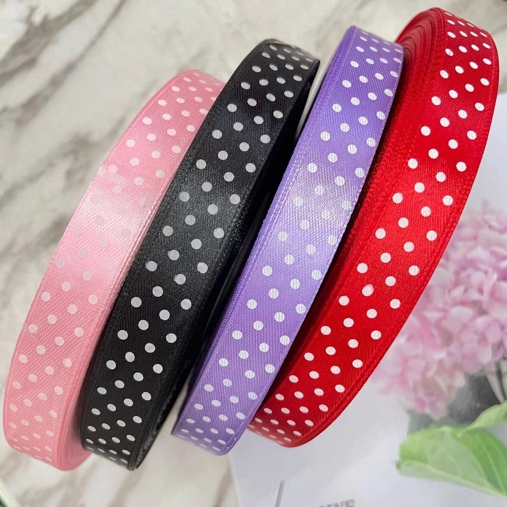 Cuộn dây ruy băng lụa chấm bi 1cm vải mềm dùng làm nơ trang trí gói quà handmade