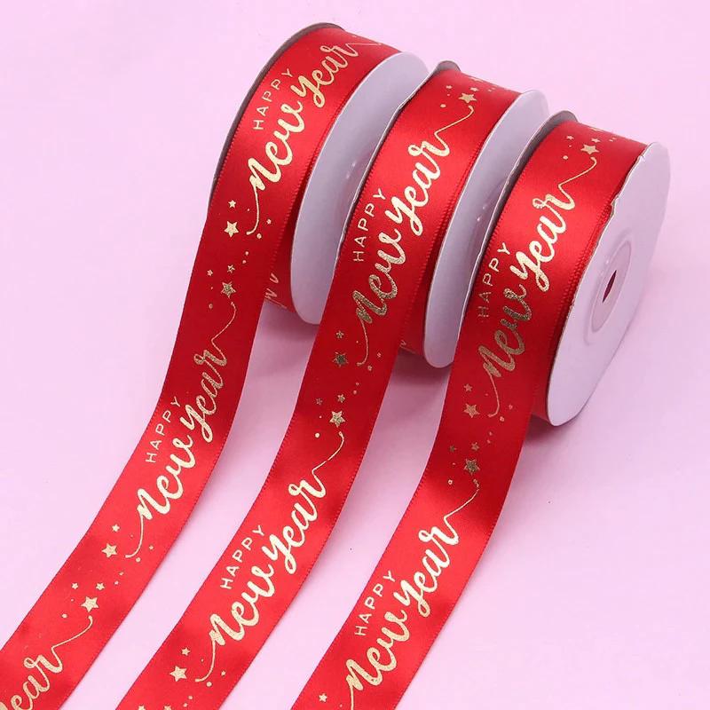 Cuộn dây ruy băng lụa in chữ HAPPY NEW YEAR bản to 2.5CM dài 40 mét làm nơ gói quà trang trí lễ tết
