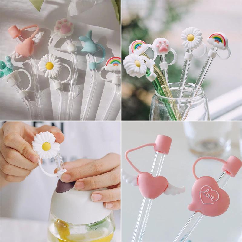 Đáng Yêu Ống Hút Bụi Mũ Hoa Mèo Paw Hình Ống Hút Mũ Hoạt Hình Chống Bụi Ống Hút Chặn