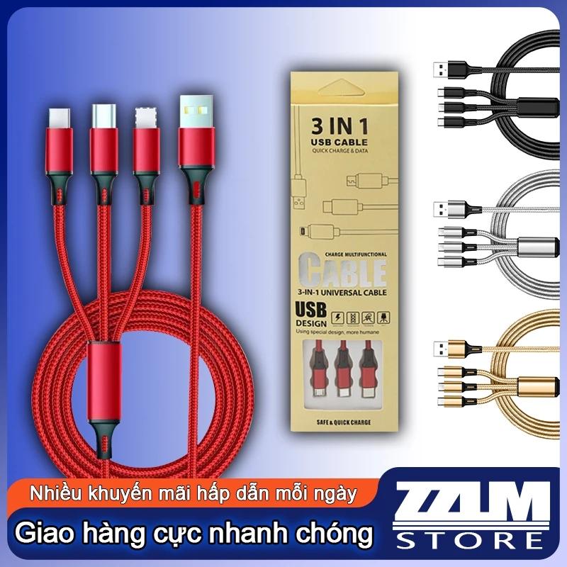 Dây cáp sạc dữ liệu vải dệt bảo vệ, dây sạc điện thoại di động sạc nhanh 2A dài 3 đầu trong 1, Áp dụng cho 99% thiết bị