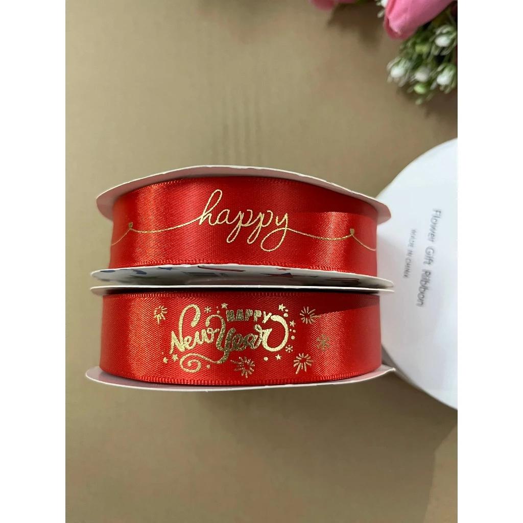Dây ruy băng lụa chữ Happy New Year đỏ 2,5 cm trang trí tết, gói quà , kẹp nơ [1 cuộn 35 mét] chúc mừng năm mới