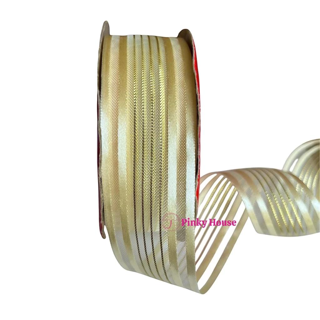 Dây ruy băng voan kim tuyến viền màu kem 4cm (bán lẻ 1 mét) trang trí, bó hoa, gói quà phụ kiện handmade