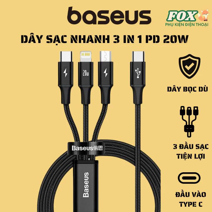 Dây sạc nhanh PD 20W 3 đầu Baseus bọc dù - Dây sạc 3 đầu hỗ trợ sạc nhanh 20w truyền tải dữ liệu
