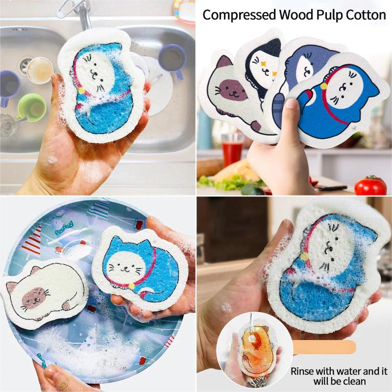 Dễ Thương Làm Sạch Bọt Biển Hoạt Hình Mèo Con Hình Chà Vòi Nhà Bếp Bọt Biển Rửa Chén