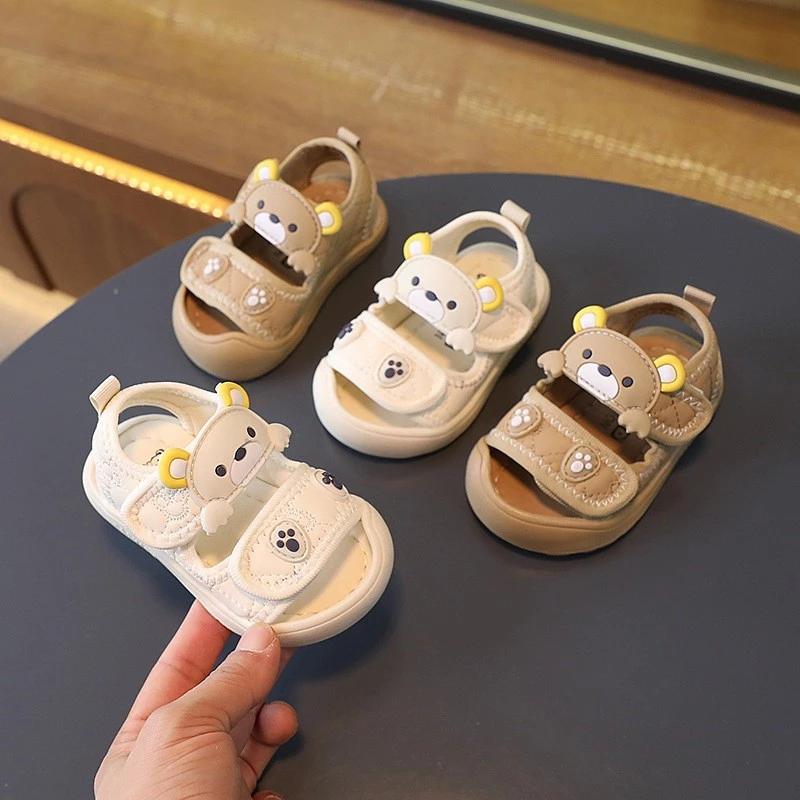 Dép sandal 2 quai dán gấu đế mềm nhẹ mũi cong chống vấp cho bé trai bé gái Sz16-25 Giày của bé 365