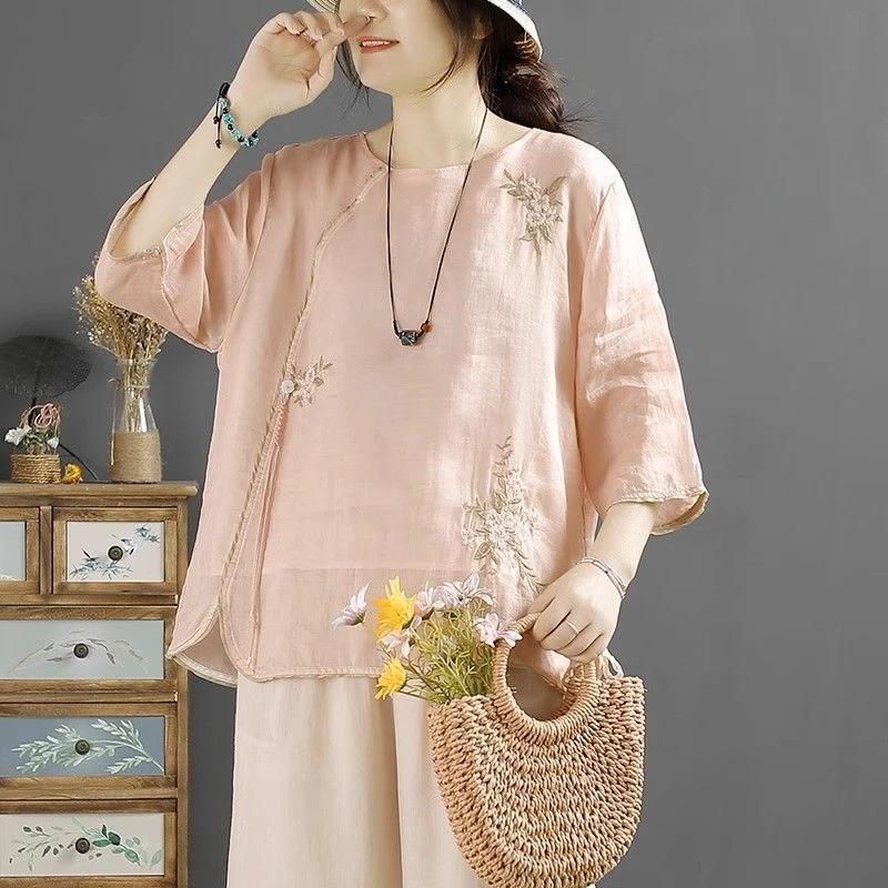 Đơn Giản Đa Năng Phong Cách Mới Phong Cách Trung Hoa Retro Nghệ Thuật Thêu Cổ Tròn Sang Trọng Áo Sơ Mi Nhỏ Top Phong Cách Mới Rời Vải Lanh Cotton Thêu Áo Sơ Mi
