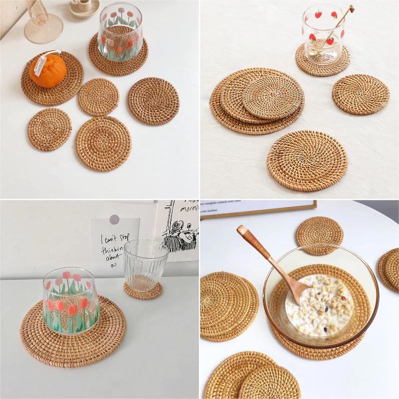 Đơn giản Mây Dệt Placemat Tròn Chịu Nhiệt Cốc Thảm Retro Bàn Cup Coaster