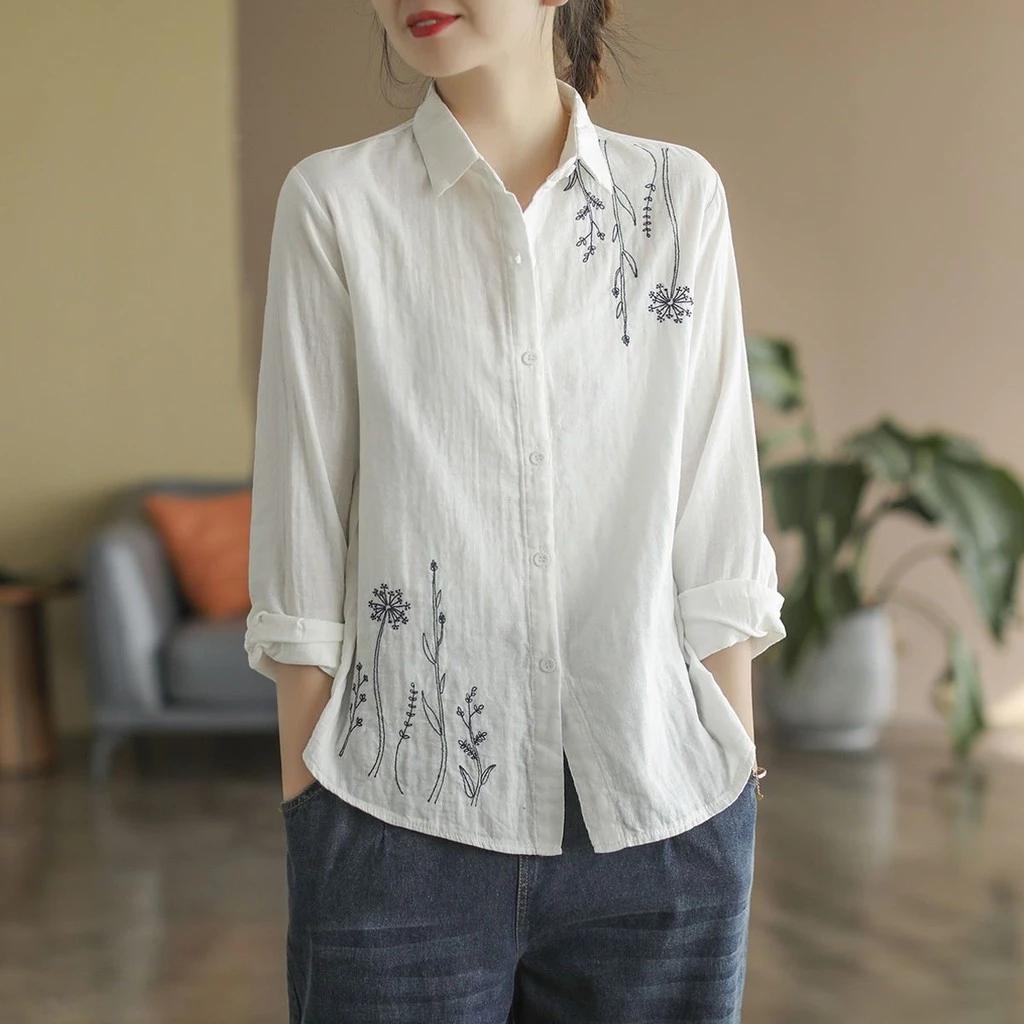 Đơn Giản Phù Hợp Với Mùa Xuân Phong Cách Mới Cotton Nguyên Chất Top Nghệ Thuật Đơn Giản Nữ Áo Sơ Mi Dài Tay Rời Phù Hợp Với Hoa Thêu