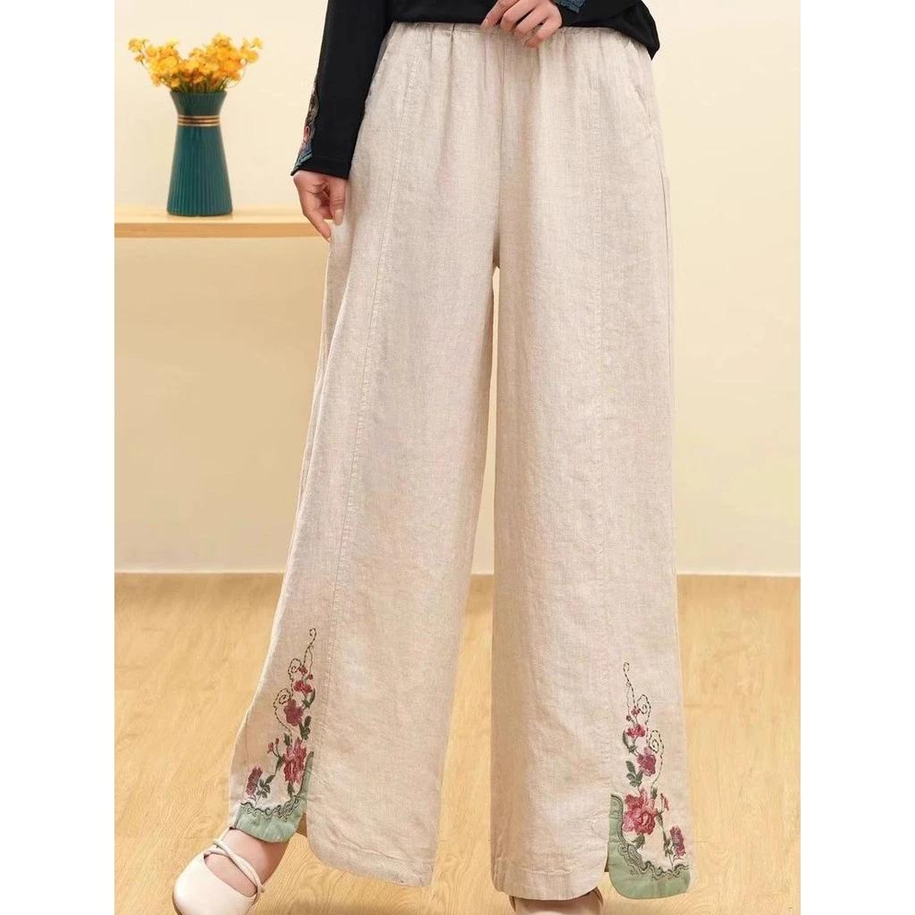 Đơn Giản Phù Hợp Với Phong Cách Mùa Xuân Mới Retro Phong Cách Trung Hoa Co Giãn Eo Rời Cotton Nguyên Chất Vải Lanh Quần Công Nghiệp Nặng Thêu Rộng-Le