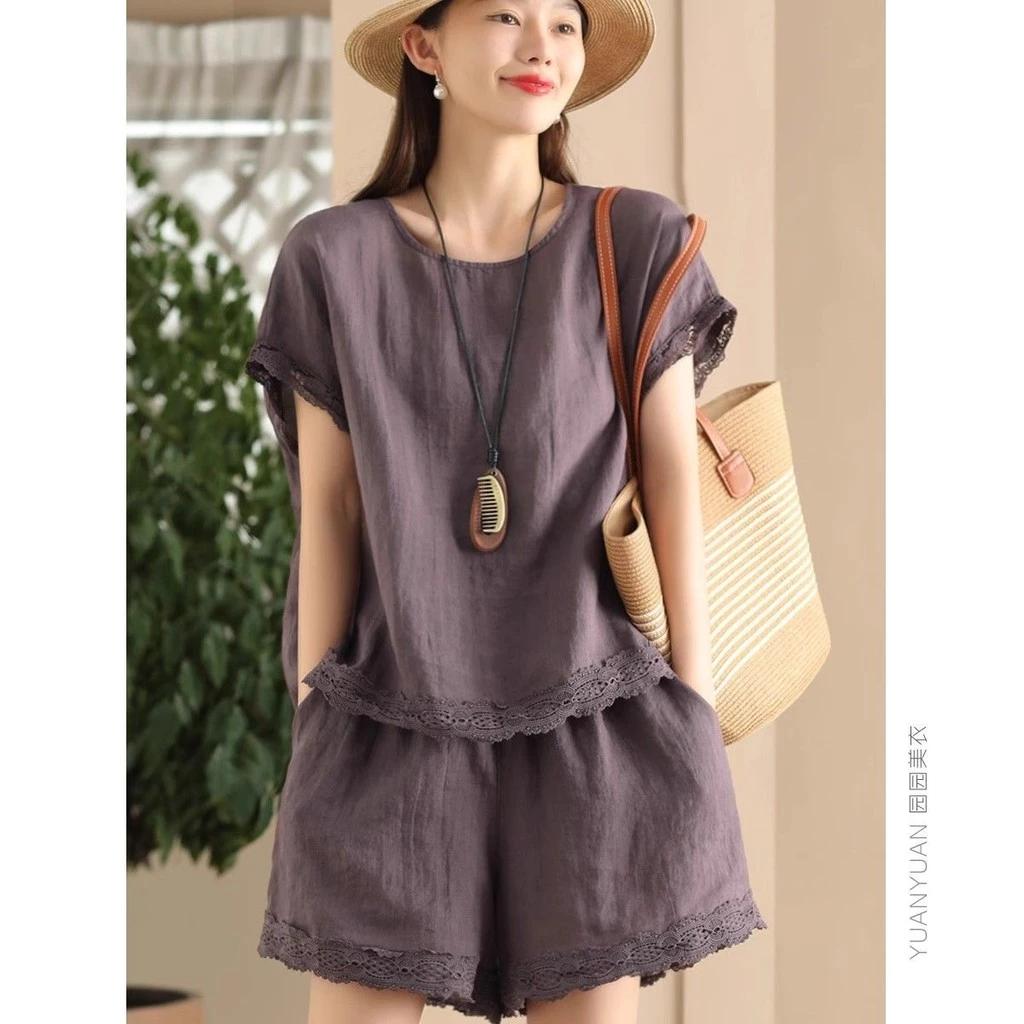 Đơn Giản Phù Hợp Với Tất Cả Trận Đấu Mùa Hè Vải Lanh Cotton Hai Mảnh Phù Hợp Với Không Hở Thịt Ren Khâu Top Nữ Công Nghiệp Nặng Quần Short Chắc Chắn