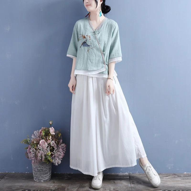 Đơn Giản Phù Hợp Với Tất Cả Trận Đấu Mùa Hè Vải Lanh Cotton Thêu Cổ Chữ v Đính Hạt Nút Giữa Tay Top Rời Kích Thước Lớn Ôm Hơn Nhìn