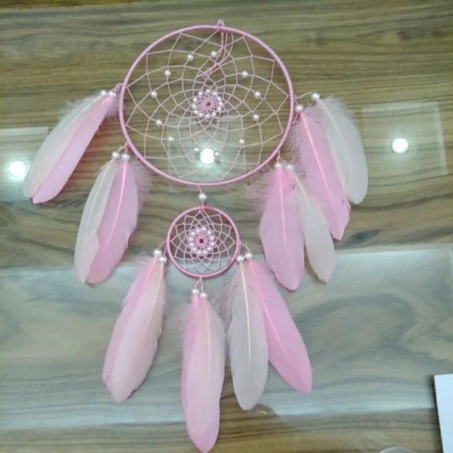 Dreamcatcher 2 tầng màu hồng xinh xắn, trang trí phòng khách, phòng ngủ, lưới giấc mơ đính lông vũ