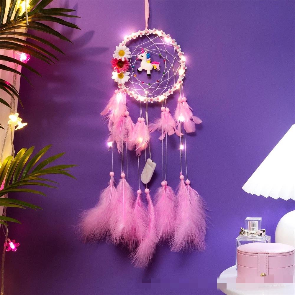 Dreamcatcher treo tường lớn,màu hồng, lưới bắt giấc mơ đính lông vũ, kì lân dễ thương