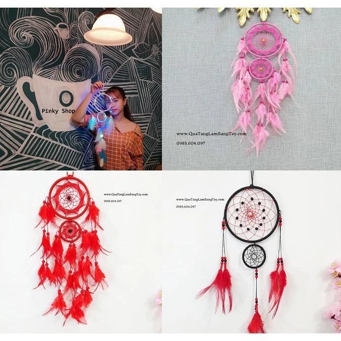 Dreamcatcher treo tường [Mới 100%] tuyệt đẹp lưới bắt giấc mơ 2 vòng tròn, decor trang trí nhà lung linh Pinky mã D2V2