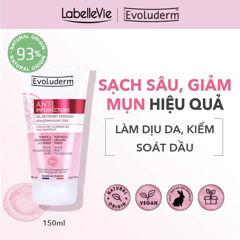 Gel rửa mặt làm sạch sâu, tẩy da chết và giảm mụn chiết xuất Bưởi hồng Evoluderm 150ml (17322)