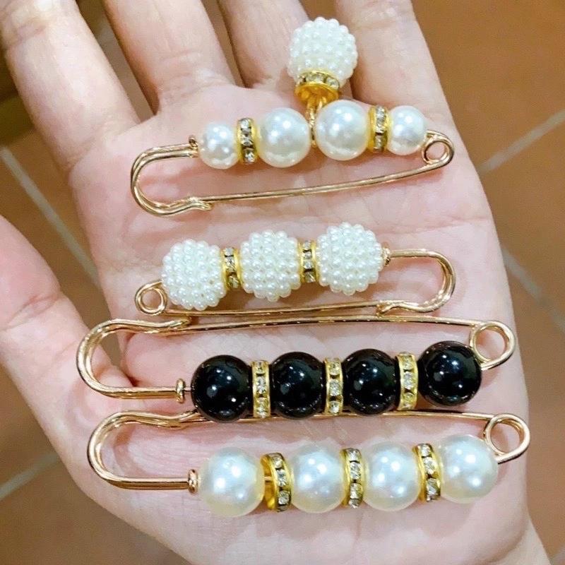 Ghim cài áo quần kim băng lớn nhỏ gim tây kim loại đính hạt ngọc trai cố định thu nhỏ eo phụ kiện váy vest nữ thời trang