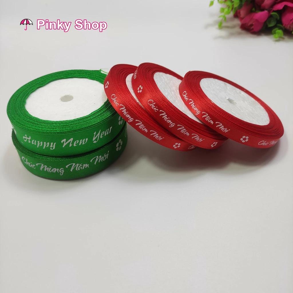 [Giá rẻ 1 cuộn]Ruy băng chữ happy new year Merry Christmas lụa vải 1cm cuộn 20 mét dùng làm phụ kiện handmade Pinky Shop