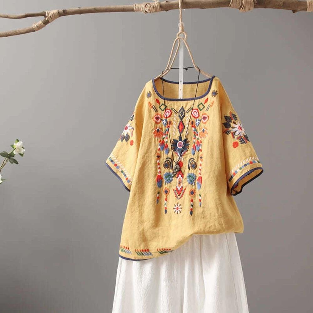 Giá trị tuyệt vời!Size Lớn Retro Hemming Công Nghiệp Nặng Thêu Ngắn Tay Áo Thun Nữ Đơn Giản Phù Hợp Với