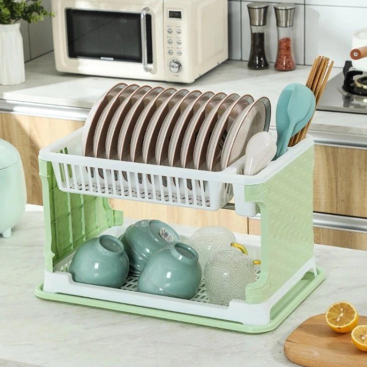 Giá Úp Chén Bát, Trạm Bát Đĩa 2 Tầng, Kệ Úp Chén Có Ống Đũa Đa Năng Kèm Khay Hứng Nước