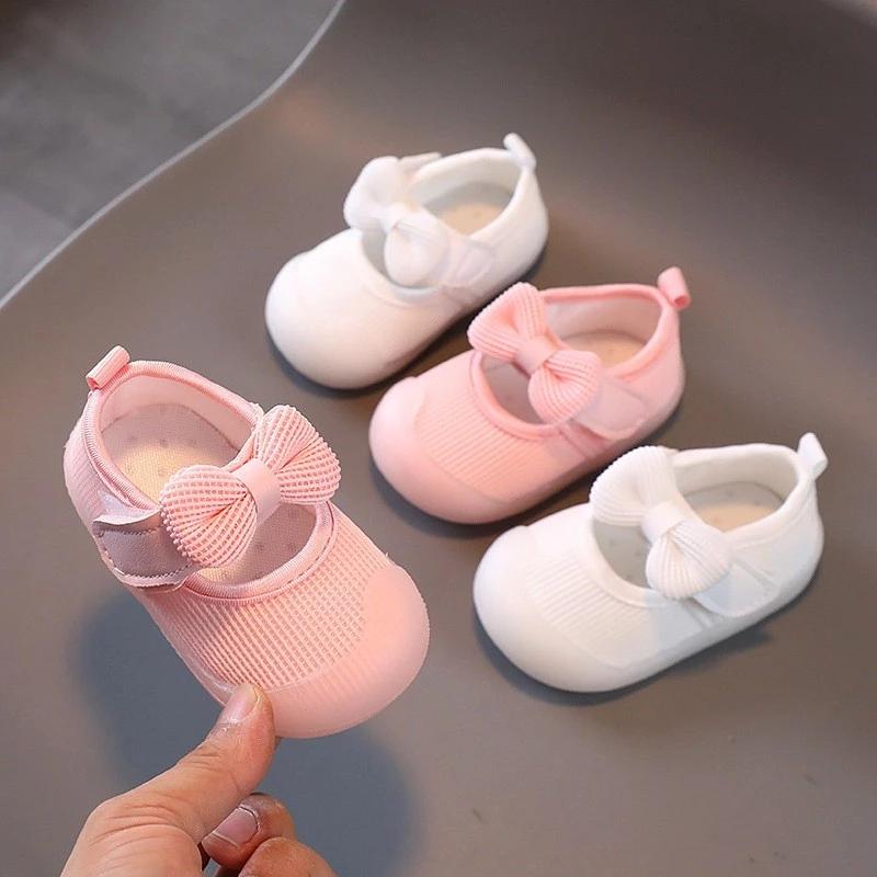 Giày búp bê đính nơ hồng trắng siêu xinh cho bé gái tập đi từ 0-2 tuổi