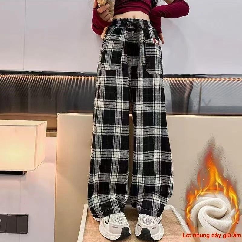 Girls' wide leg pants 2025 new high waisted casual children's straight leg pants, stylish women's, medium and large children's Korean version checkered pants