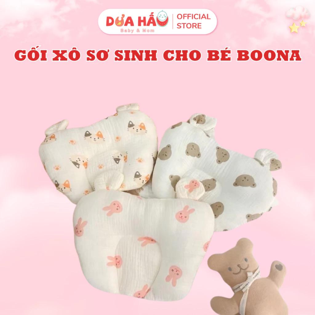Gối Xô Sơ Sinh Cho Bé Boona Hình Tim Tai Gấu Vải Muslin Cao Cấp Chống Méo Đầu, Êm Ái, Thoải Mái Cho Bé Nằm