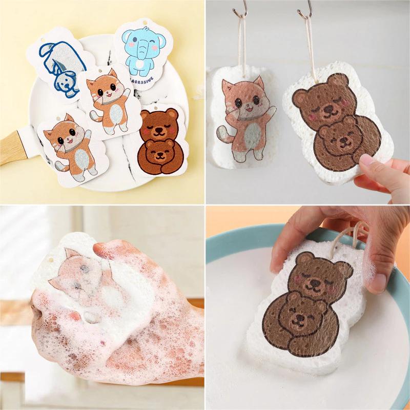 Hoạt Hình Nén Làm Sạch Bọt Biển Nhà Bếp Rửa Chén Bọt Biển Dễ Thương Gấu Dụng Cụ Vệ Sinh