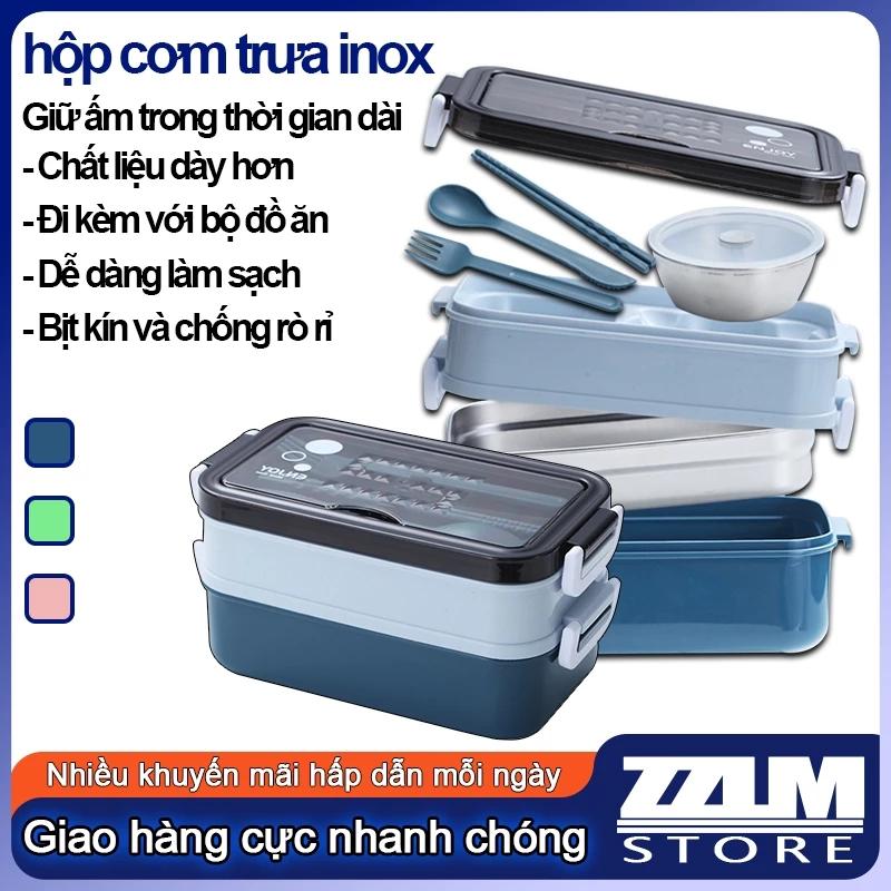 Hộp Cơm Giữ Nhiệt 2 tầng, Hộp Đựng Cơm Inox văn phòng, Kèm thìa đũa tiện dụng mang đi làm, du lịch (thép không gỉ 304)
