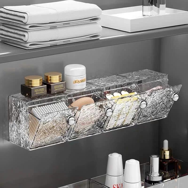 Hộp đựng bông tẩy trang dán tường trong suốt kèm móc treo tiện lợi 0574, Hộp đựng đồ nhà tắm đa năng có nắp chống nước