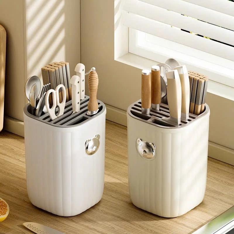 Hộp Đựng Dao Kéo, Đũa Thìa Thông Minh Cho Nhà Bếp Gấu Bạc - Ống Cắm Dao Nhà Bếp Có Khay Hứng Nước Da Năng