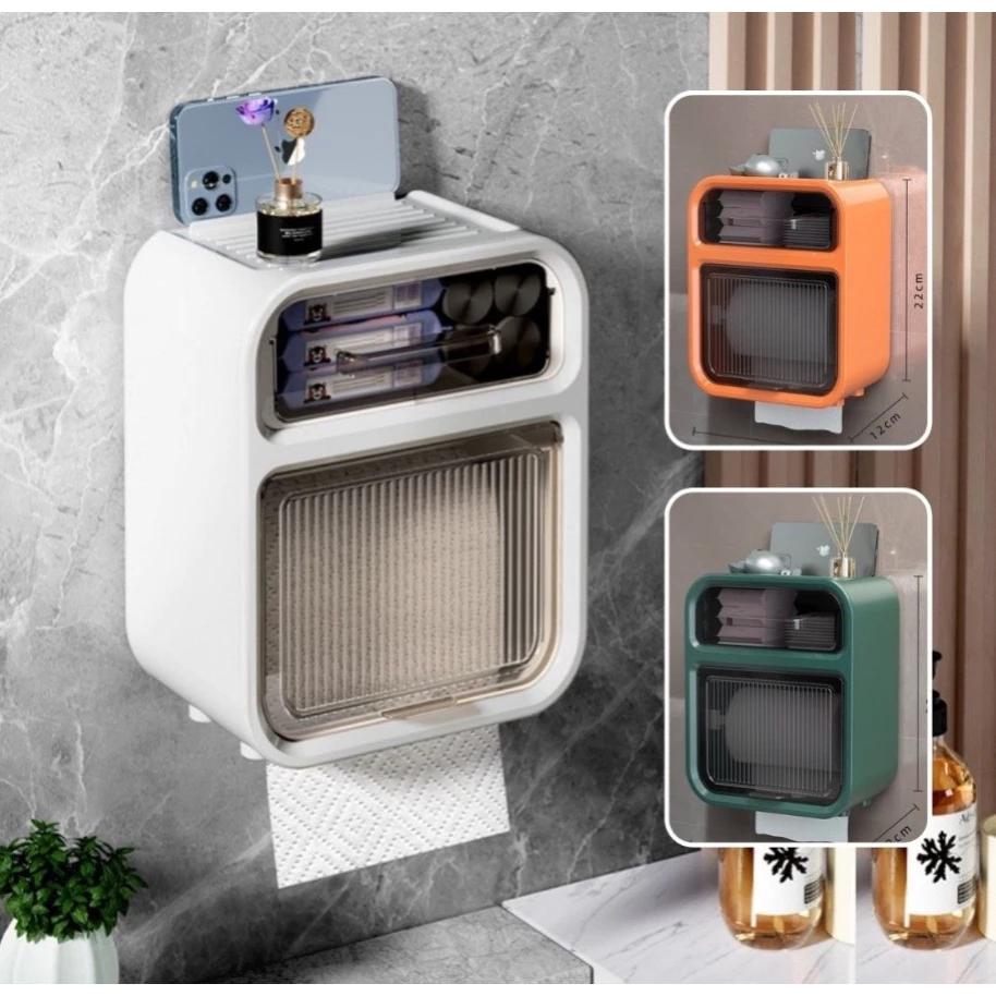 Hộp đựng giấy vệ sinh 2 tầng dán tường chống thấm nước có ngăn kéo để đồ và kệ để điện thoại đa năng