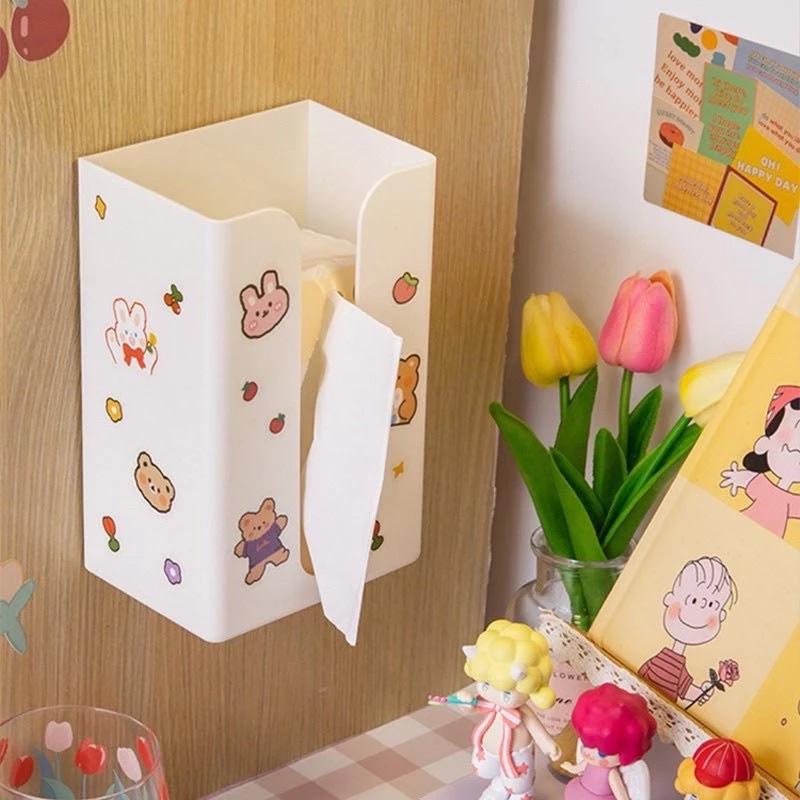 Hộp đựng khăn giấy / khẩu trang dán tường bàn làm việc, nhà bếp tiện hình chữ nhật kèm sticker dễ thương tiện ích
