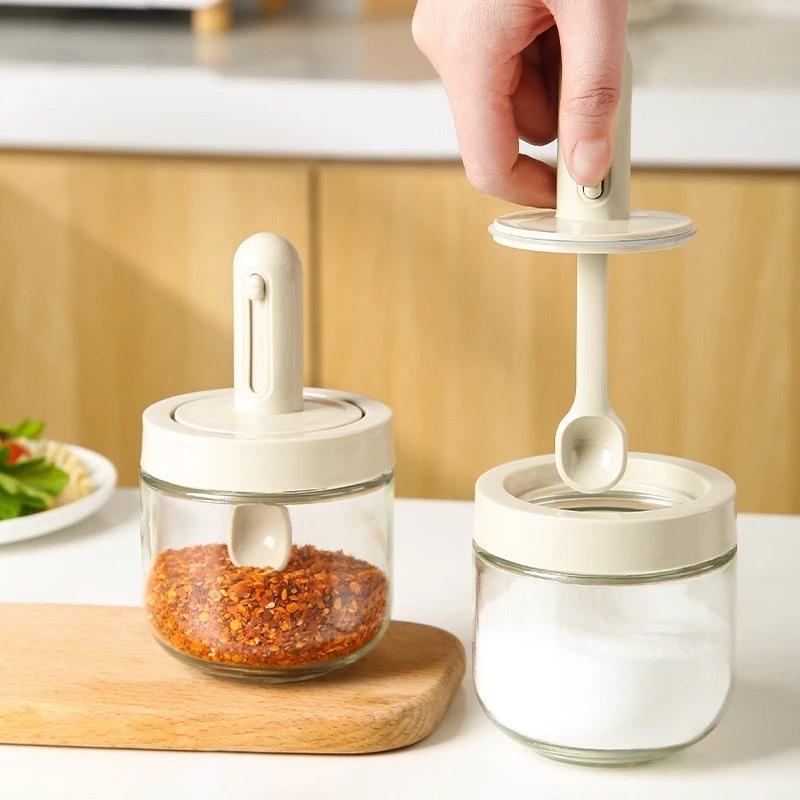 Hũ đựng gia vị 200ml, Lọ đựng gia vị thủy tinh kèm muỗng điều chỉnh ngắn dài tiện lợi