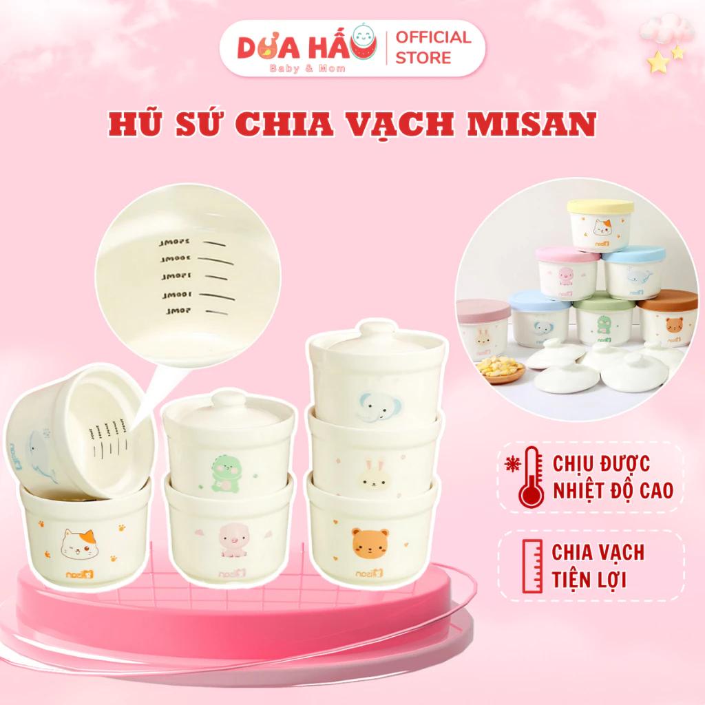 Hũ Sứ Ăn Dặm Misan Có Vạch Chia ML Kèm 2 Nắp Bảo Quản, Thố Sứ Ăn Dặm Chưng Yến Cho Bé Dung Tích 250ml Tiện Lợi