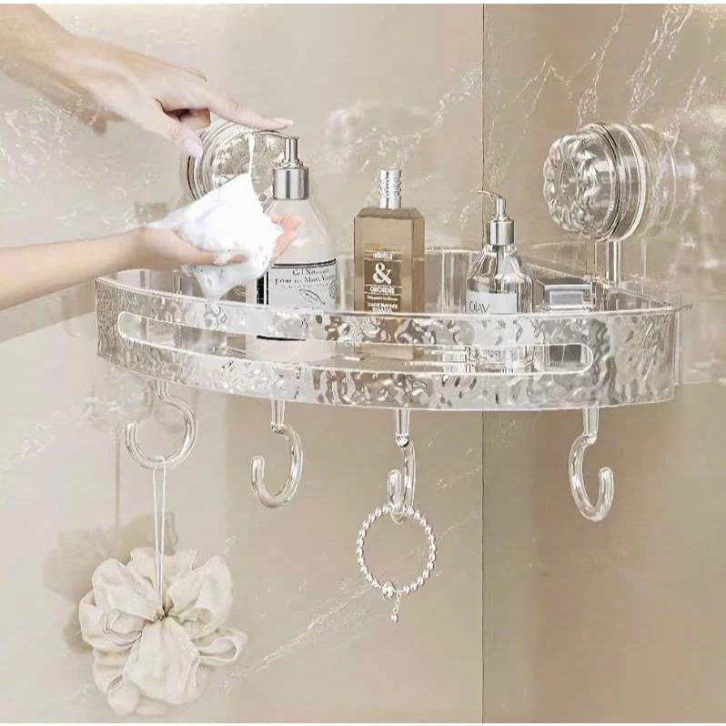 Kệ để đồ góc nhà tắm TG-Z69801 - Kệ góc tam giác đựng đồ phòng tắm trong suốt kèm móc treo