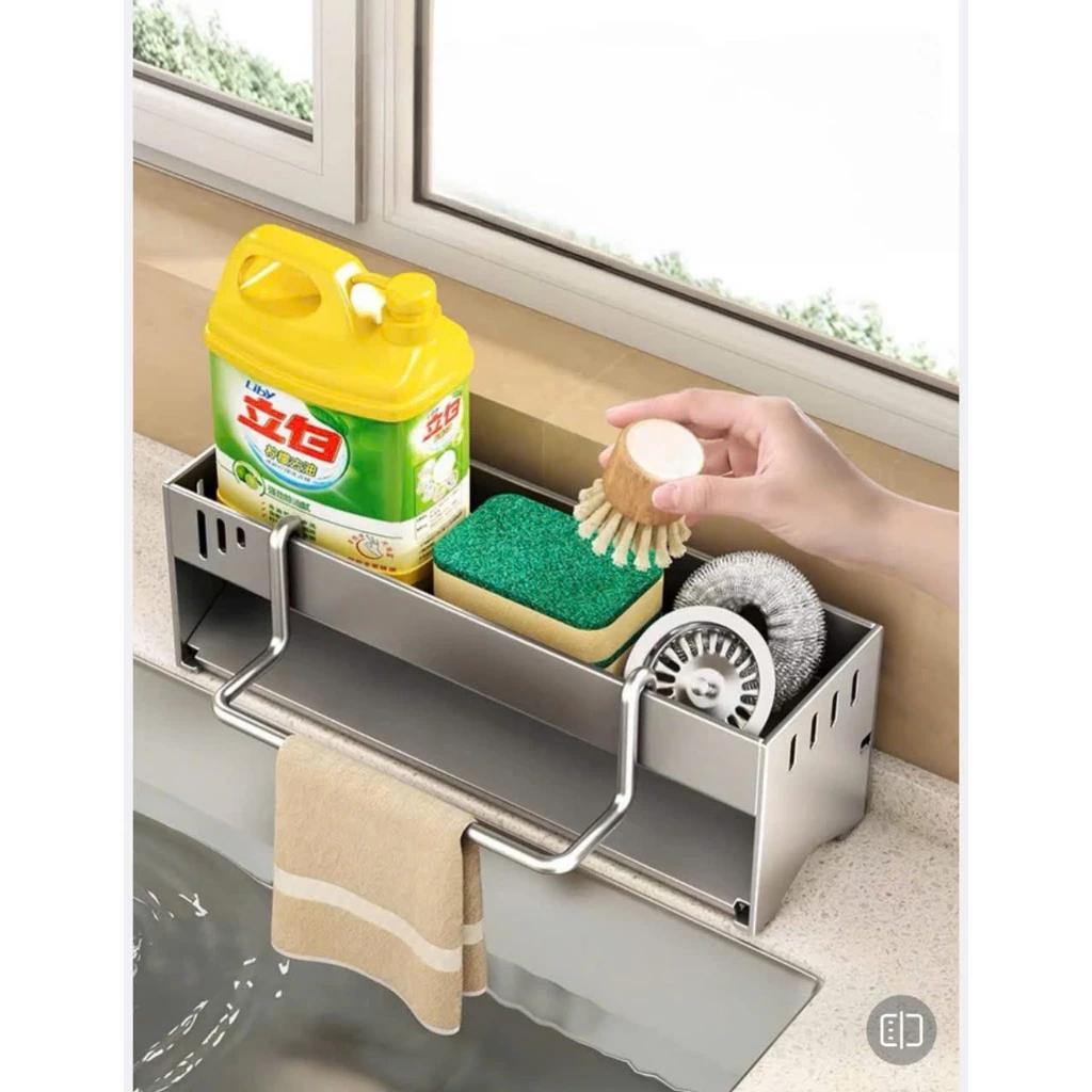 Kệ để đồ rửa chén , nước rửa chén bát, kèm thanh treo giẻ lau để bồn rửa H3 chất liệu kim loại sơn tĩnh điện
